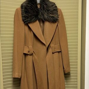INC International Concepts Tan Trench Coat with Faux Fur Collar